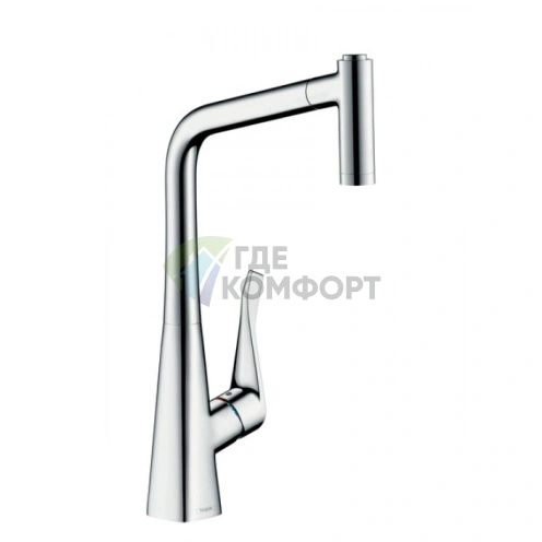 Кухонный смеситель Hansgrohe Metris с выдвижным поворотным изливом в цвете сталь (14820800) - фото 1