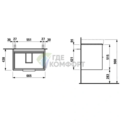 Подвесная тумба Laufen Base 8.1096.7 с двумя ящиками, белая глянцевая (665x440x530 мм) (4.0233.2.110.261.1) - фото 2