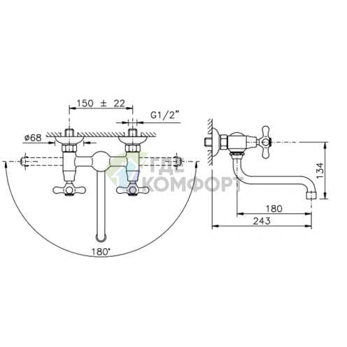 Настенный смеситель для раковины Nicolazzi Nuova Brenta с двумя ручками, бронза (2505BZ) - фото 2
