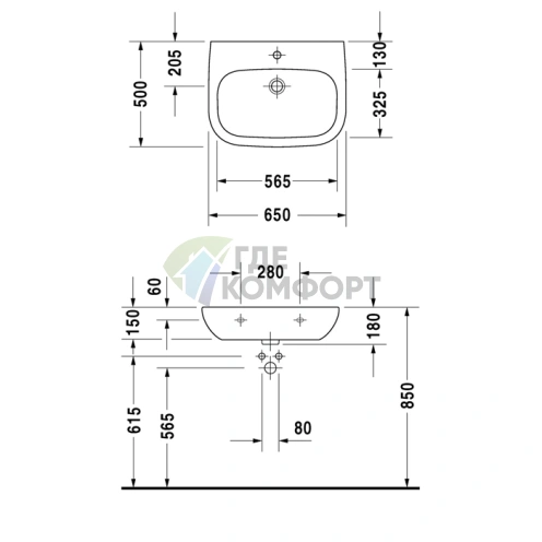 Медицинская раковина Duravit D-Code 650x500 мм без перелива, 1 отв., белый (23116500002) - фото 2