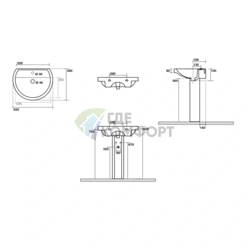 Раковина Kerasan Bit 62см с 1 отверстием под смеситель без креплений цвет белый с колонной - фото 2