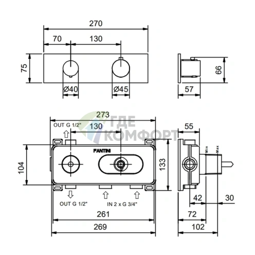 Термостатический встраиваемый смеситель для душа Fantini Nostromo с поворотной ручкой в цвете Matt British Gold PVD (87 P6 G572B) - фото 2