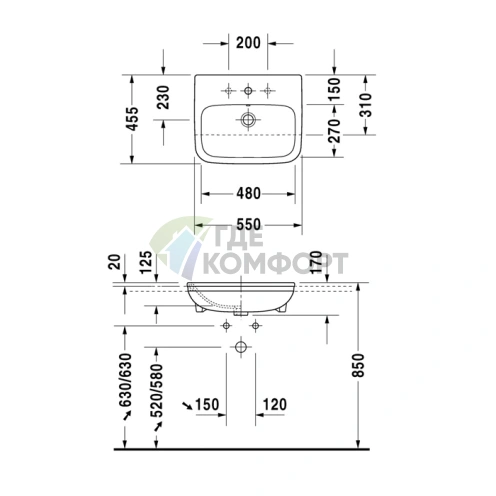 Встраиваемая раковина Duravit DuraStyle 550x455 мм с отверстием под смеситель (375550000) - фото 2