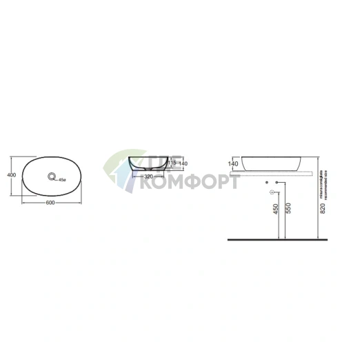 Накладная раковина AZZURRA ELEGANCE 60x40 см без отверстия, белая - фото 5