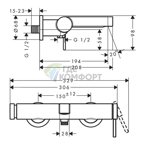 Смеситель для ванны Hansgrohe Finoris настенный однорычажный хром (76420000) - фото 2
