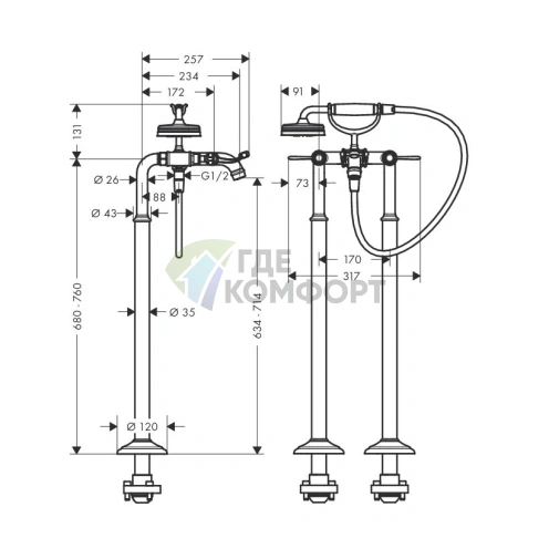 Напольный смеситель для ванны AX Montreux с двумя рычагами и ручным душем, хром (16553000) - фото 2