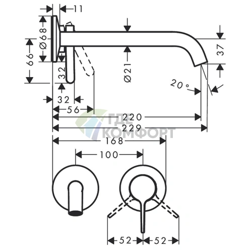 Смеситель для раковины AX One встраиваемый, излив 220 мм, хром (48120000) - фото 2