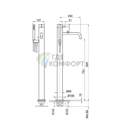 Напольный смеситель для ванны Fantini AF/21 с ручным душем, матовая натуральная сталь (27 93 A580B) - фото 2