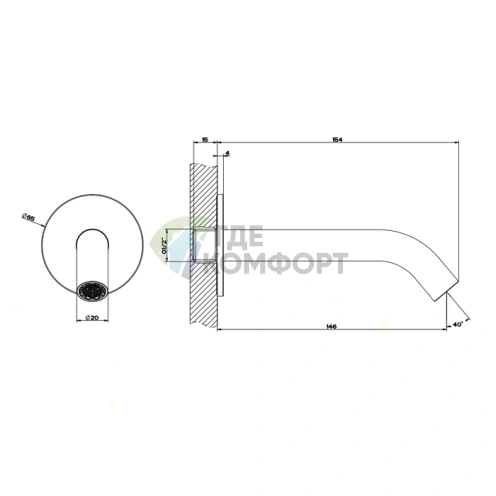 Настенный излив GESSI 316 с возможностью подключения дистанционного управления (146мм, 1/2), сталь brushed (54010#239) - фото 2