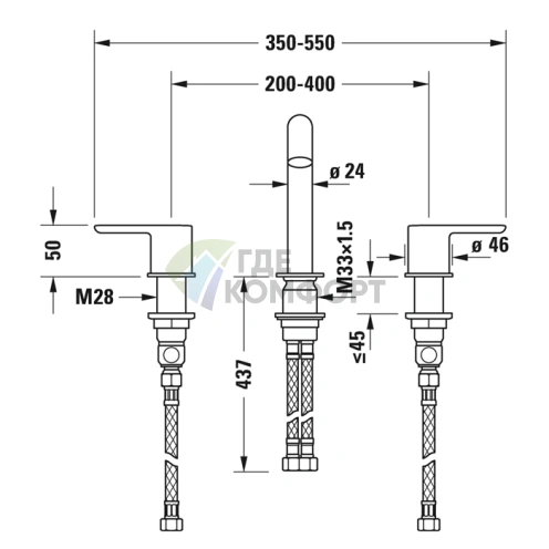 Смеситель для раковины Duravit C.1 на 3 отверстия, излив 160 мм, с донным клапаном, хром (C11060006010) - фото 2