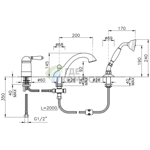 Смеситель для ванны Nicolazzi с золотым покрытием: излив и ручной душ (3414GB76) - фото 2