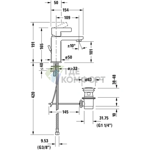 Смеситель для раковины Duravit D-Neo на 1 отверстие с донным клапаном, хром (DE1020001010) - фото 2