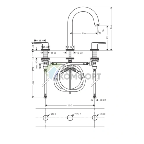Смеситель для раковины Hansgrohe Vernis Blend на 3 отверстия с донным клапаном, хром (71553000) - фото 2
