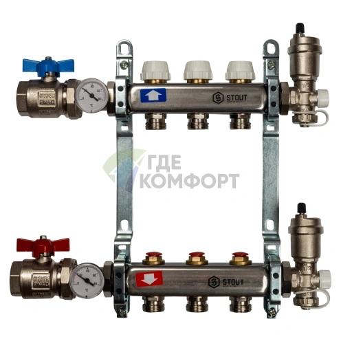 Коллекторная группа в сборе из нержавеющей стали без расходомеров на 3 выхода STOUT - фото 1