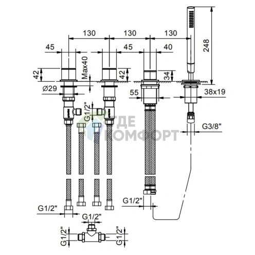 Смеситель Fantini Mint для ванны на борт с ручным душем, 4 отводами и без излива в хроме (34 02 F167) - фото 2