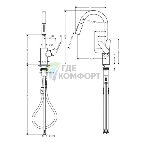 Кухонный смеситель Hansgrohe Focus M41 с выдвижным душем и функцией Eco (31833800) - фото 2