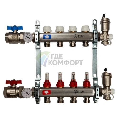 Коллекторная группа в сборе из нержавеющей стали с расходомерами на 4 выхода STOUT - фото 1