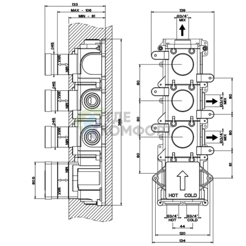 Gessi Встраиваемый термостатический смеситель с тремя независимыми выходами (43105#031) - фото 2