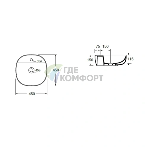 Накладная раковина AZZURRA ELEGANCE SOFT 45x45x115 см — 1 отв. под смеситель, белая - фото 2