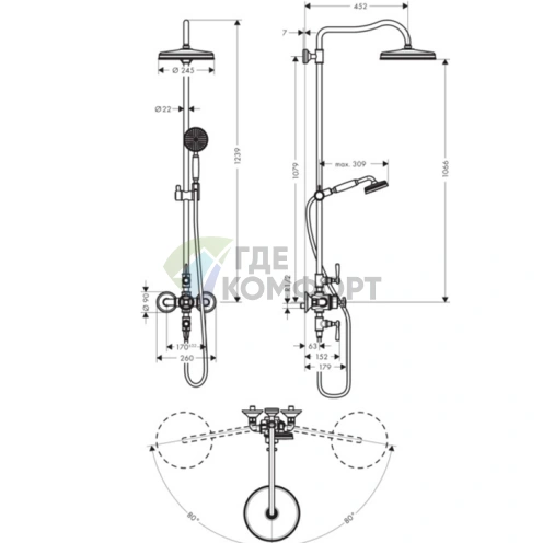 Душевая стойка AX Montreux с термостатом и верхним душем 240 мм в полированном золоте (16572990) - фото 2