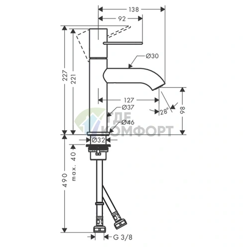 Смеситель для раковины AX Uno с незапираемым донным клапаном, хром (38026000) - фото 2