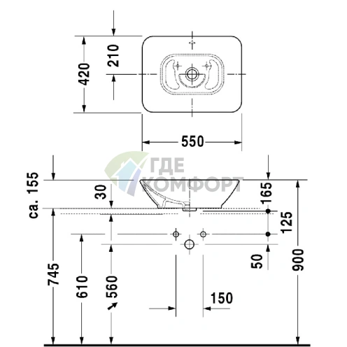Накладная раковина Duravit Bacino 550x420 белая с переливом и креплениями (334520000) - фото 4