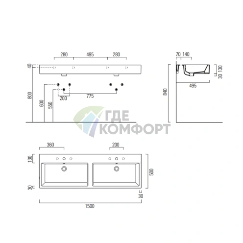 Раковина GSI Kube Двойная 150x50 с переливом, без отверстий под смеситель, белая - фото 2