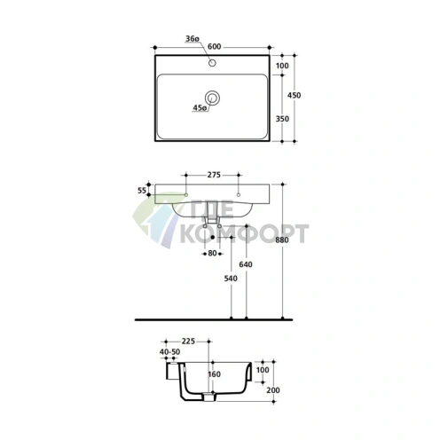 Раковина KERASAN Cento 60х45 подвесная-накладная с 1м отверстием под смесительитель цвет белый - фото 2