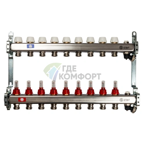 Коллекторная группа с запорными кранами из нержавеющей стали с расходомерами на 9 выходов STOUT - фото 1