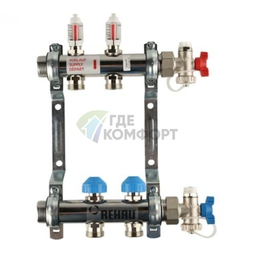 Коллекторная группа REHAU HKV-D на 2 выхода (РЕХАУ - 12080211002)1x3/4ЕК из нержавеющей стали с регулирующими и термостатическими вентилями и расходомерами - фото 1