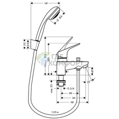 Смеситель Hansgrohe Focus для ванны с ручным душем Crometta 85 и держателем Porter S (31521000) - фото 2
