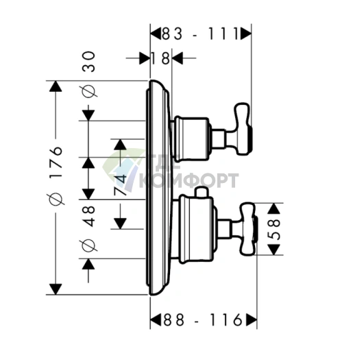 Термостат для душа AX Montreux встраиваемый, на 2 выхода, хром (16820000) - фото 2