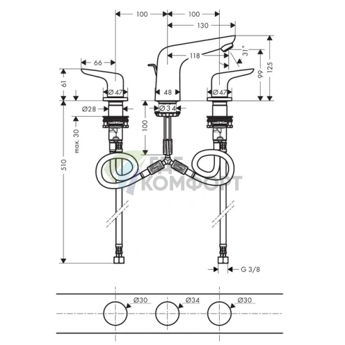 Смеситель для раковины Hansgrohe Novus на 3 отверстия с донным клапаном, хром (71140000) - фото 2