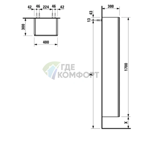 Подвесной шкаф Laufen Alessi One с зеркальной дверцей, 400x300x1700 мм, цвет орех (4.5802.2.097.630.1) - фото 2