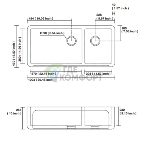 Кухонная раковина Kerasan Hannah Oxfordshire 1003x470x254 мм | Без отверстия под смеситель | Белый (543001) - фото 3