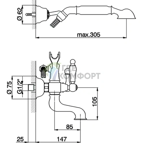 Настенный смеситель для ванны и душа CISAL Arcana Toscana с лейкой, комплект бронза (TS00012027) - фото 2