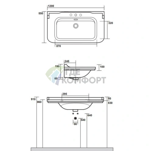 Раковина Kerasan Waldorf керамическая 120х55см c 1 отверстием под смеситель белая цвет заглушки-золото - фото 7