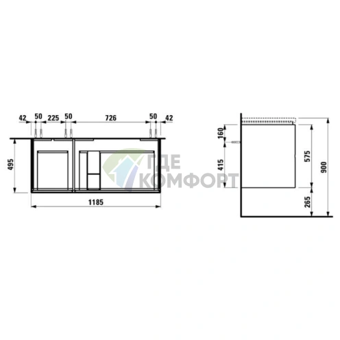 Тумба под раковину Laufen Palomba 814806: 4 выдвижных ящика, размер 1185×495×590 мм (4.0730.4.180.220.1) - фото 2