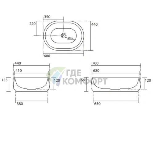 Накладная раковина KERASAN F10 70x44 см без отверстия, белая (460601) - фото 2