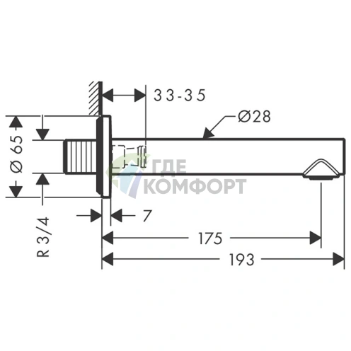 Настенный излив для ванны AX Uno, 175 мм, хром (45410000) - фото 2
