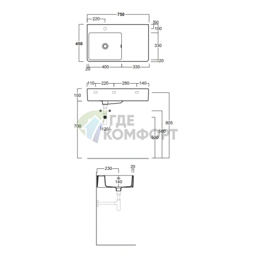 Накладная раковина SIMAS Top 75x45 см белая, левое подключение - фото 2