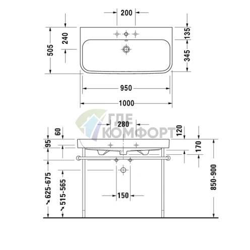 Раковина Duravit Happy D2 для мебели белая 1000x505 мм с переливом и 3 отверстиями под смеситель (2318100030) - фото 2
