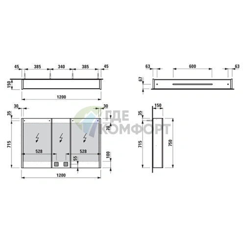Зеркальный шкаф LAUFEN FRAME 25 1200 мм с LED-подсветкой, розетками и сенсорным выключателем (4.0885.4.900.144.1) - фото 2