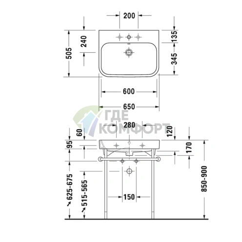 Раковина Duravit Happy D2 для мебели, белая, 650x505 мм (2318650025) - фото 2