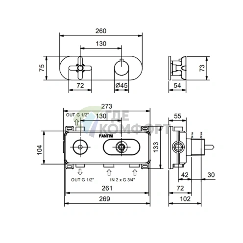 Термостат для душа Fantini Icona Classic: встраиваемая черная матовая панель на 2 источника (53 13 R772B) - фото 2