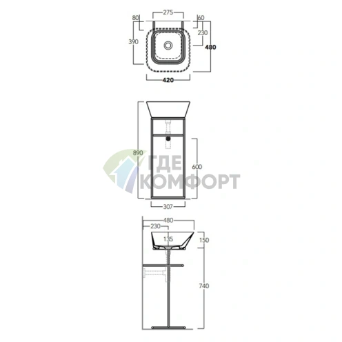 Квадратная раковина-чаша SIMAS WAVE 42х42х16,5 см белая без отверстия под смеситель - фото 2