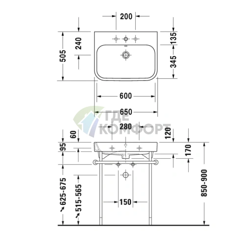 Раковина Duravit Happy D2 для мебели 650x505 мм, белая, с переливом и заглушкой хром (2318650028) - фото 2