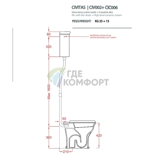 Высокий бачок Artceram CIVITAS для напольного унитаза 39×44 см, черный (CIC006 03 00) - фото 2