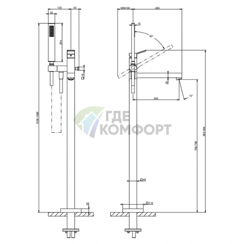 Напольный смеситель GESSI RETTANGOLO K для ванны с ручным душем, цвет Black Metal Brushed PVD (53129#707) - фото 2
