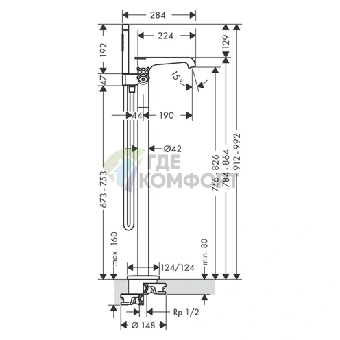 Термостатический смеситель для ванны Axor Starck с ручным душем в шлифованном золоте (36416250) - фото 2